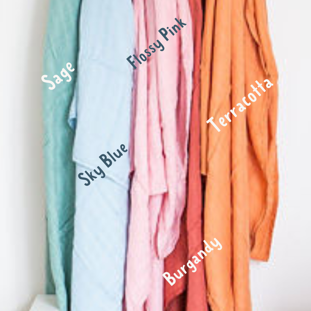 5 muslin baby wraps in sage green sky blue flossy pink burgandy and terracotta options