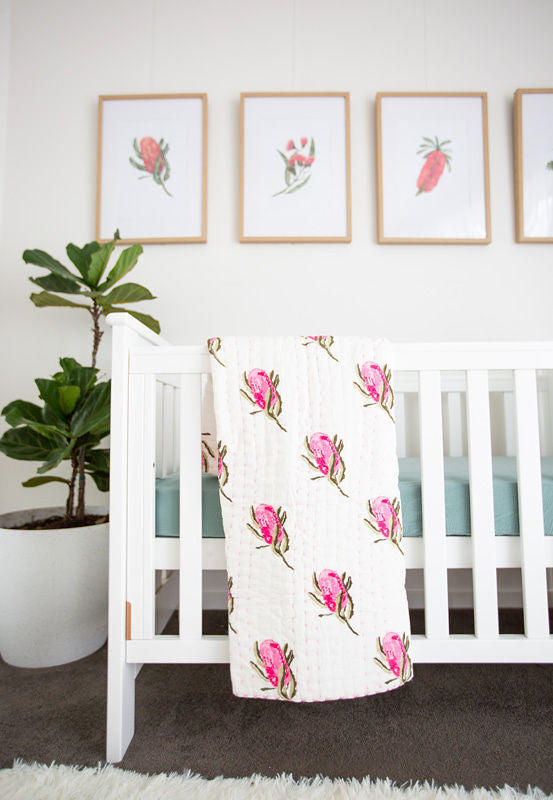 Kantha cot quilt baby floral pink nursery
