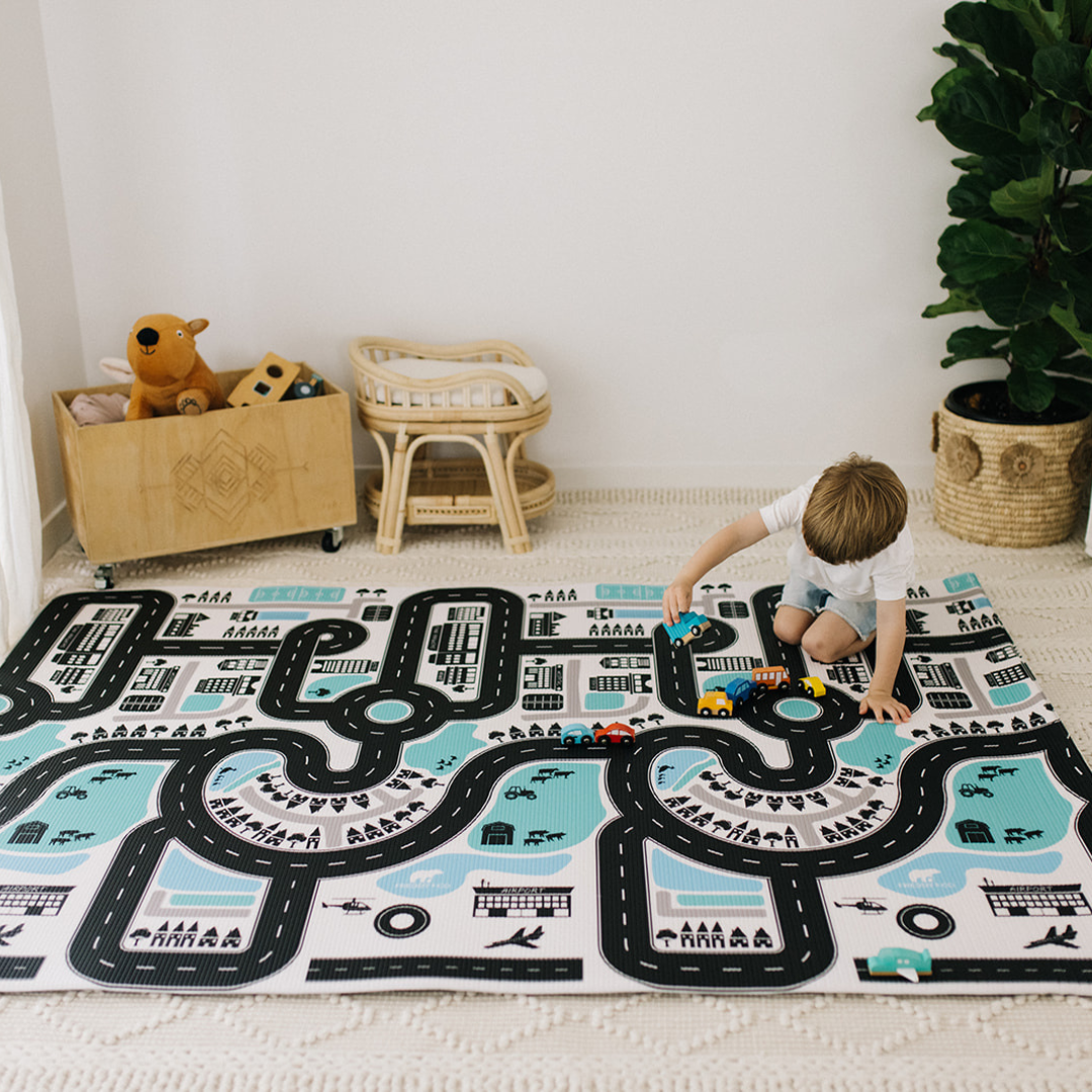 Large baby play mat Road Trip Grey Rug Padded Baby Play Mats