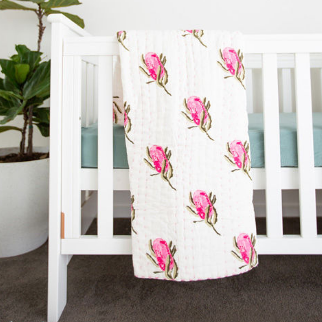 Native Floral Baby Blanket Handmade Kantha Cot Quilt Padded