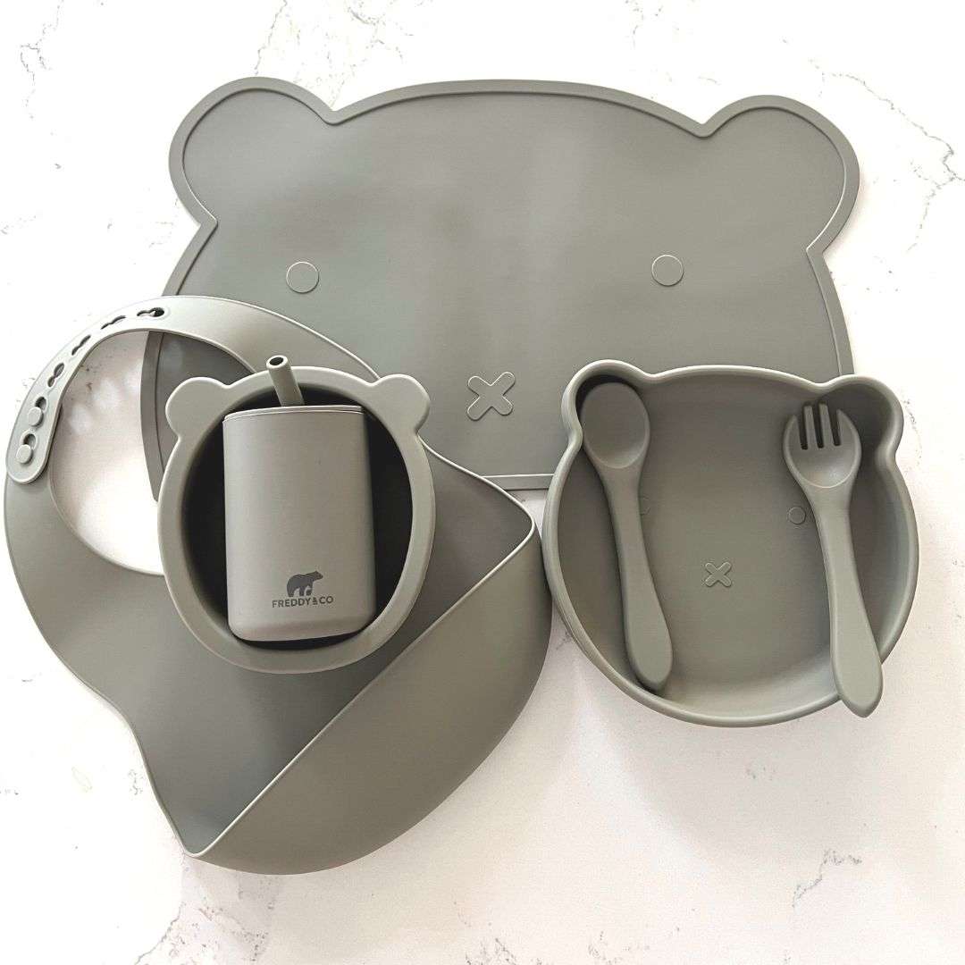 Bear Silicone Baby Feeding Set -6pc - Stone Gray