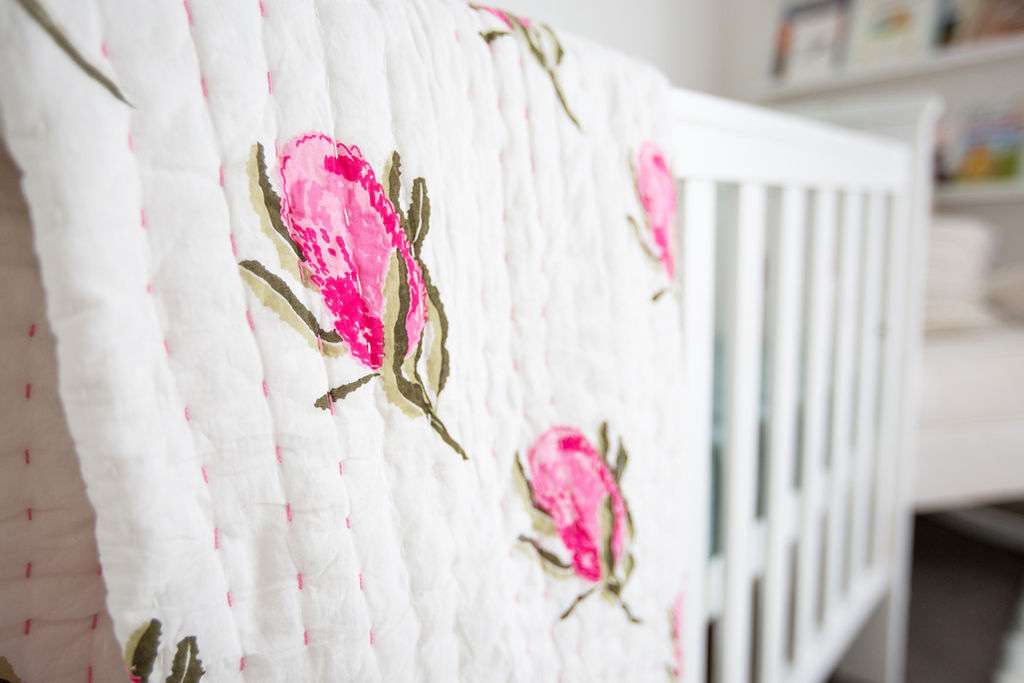 Load image into Gallery viewer, handmade banksia floral cot blanket
