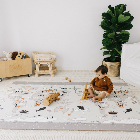 Large baby play mat World Map Grey Rug Padded reversible baby playmat Padded Baby Play Mats Freddy and Co Australia The Best for Fun